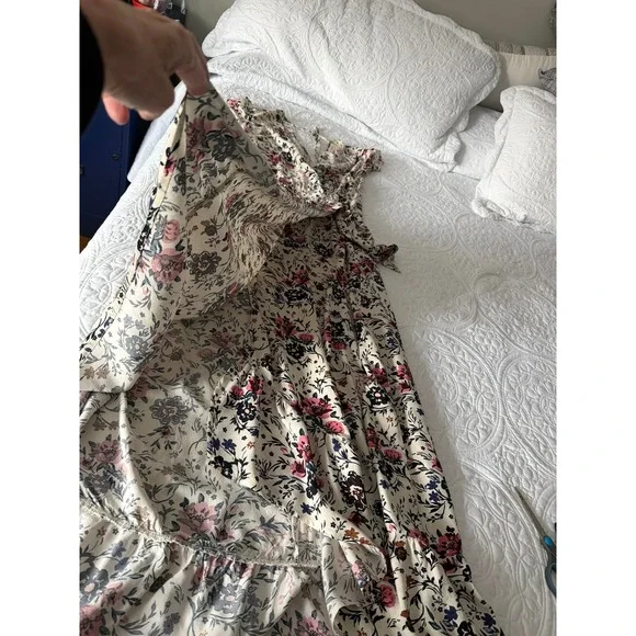 Band of Gypsies Floral Maxi Wrap Dress Ivory Navy Mauve High Low Boho Large - Picture 7 of 13